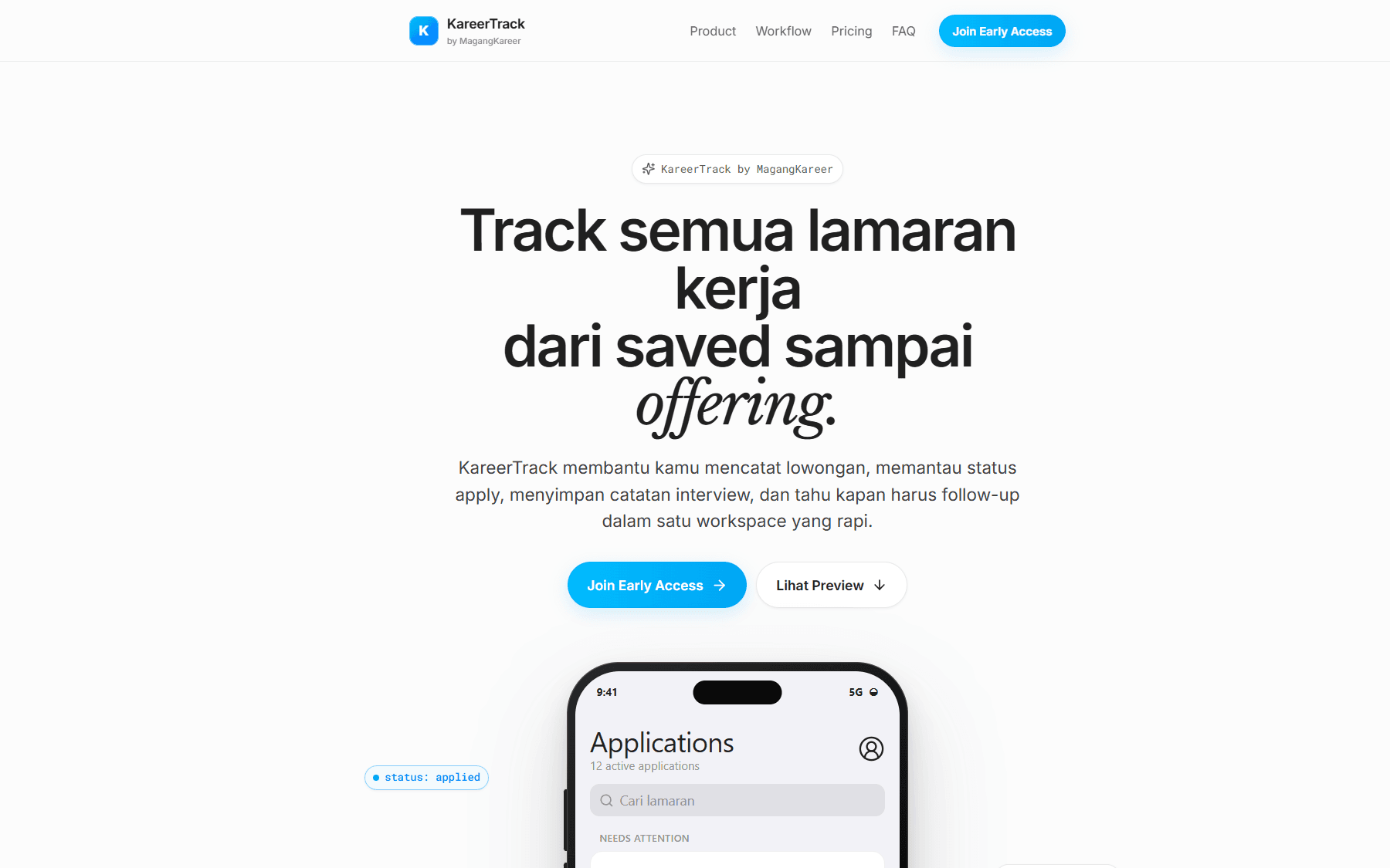 Preview KareerTrack Application Workspace, web-app untuk Career, SaaS, Productivity.
